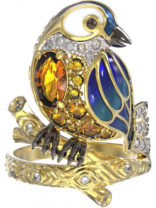 Кольцо «Птицы» из лимонного золота с сапфиром, фианитом, эмалью и цитрином