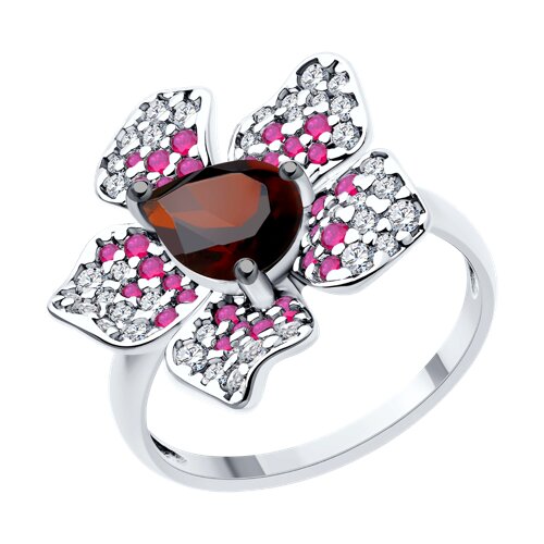 Серебряное кольцо с фианитом, гранатом и рубиновым корундом