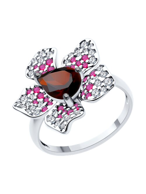 Серебряное кольцо с фианитом, гранатом и рубиновым корундом