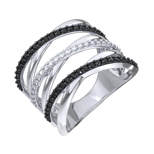 Серебряное широкое кольцо с чёрными и бесцветными фианитами