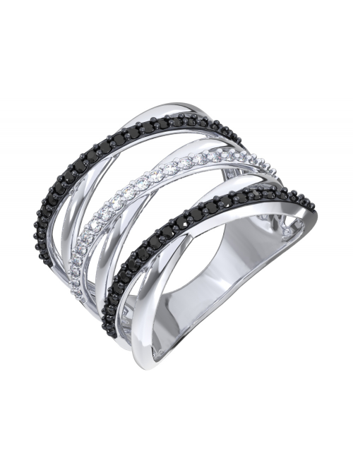 Серебряное широкое кольцо с чёрными и бесцветными фианитами