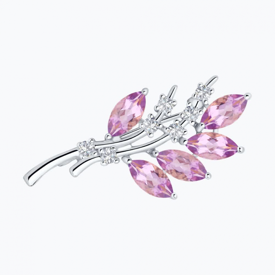 Брошь из серебра с аметистами и фианитами